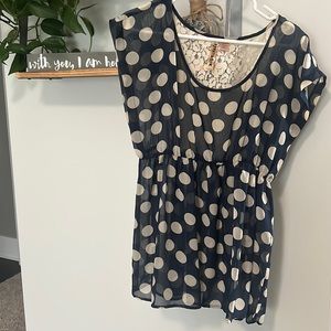 Woman’s Navy Blue Shirt with Tan Polka Dots